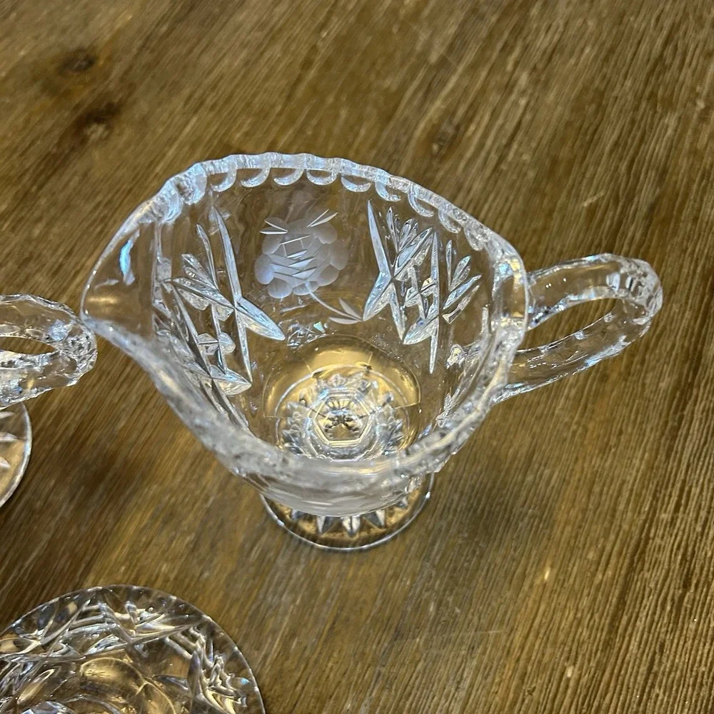 Vintage Cut Crystal Creamer & Covered Sugar Bowl Set Etched Rose Footed Floral